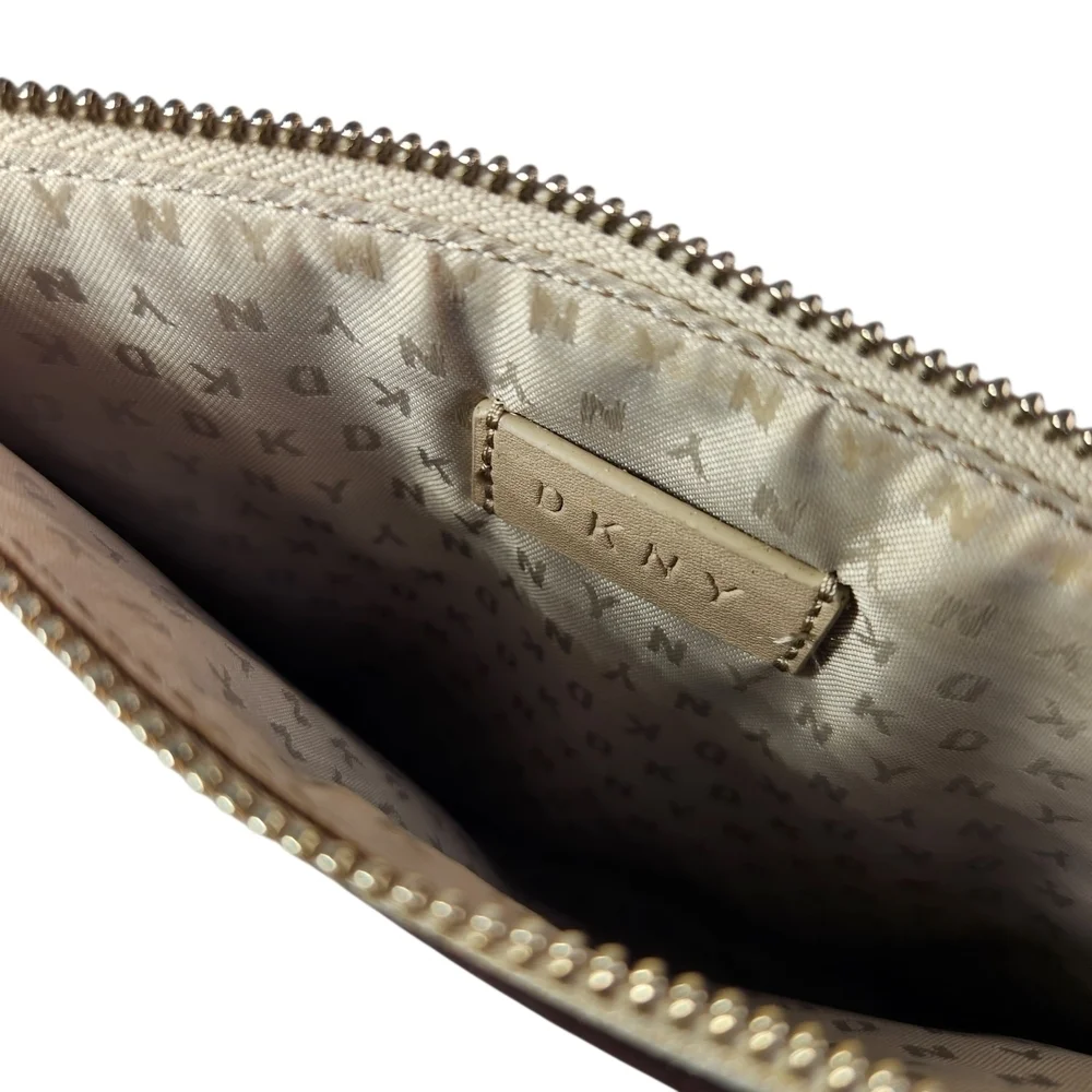 DKNY Bryant Park Logo Wristlet Pouch Cosmetic Bag Beige & Brown Faux Leather
